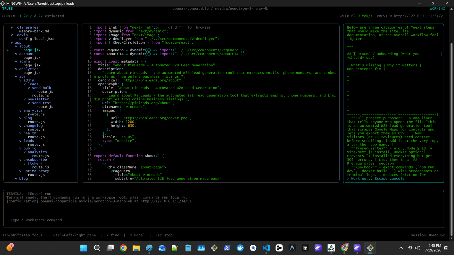 Truss Terminal UI with files, editor, agent response, and terminal panes.