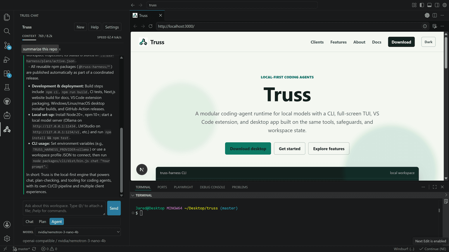 Truss running in VS Code beside the editor and integrated terminal.